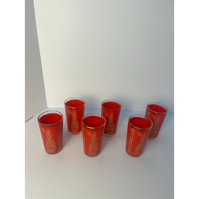 Beautiful set of 6 Hollywood Regency style glassware from the Mid Century period. Red and gold Thai princess design on...