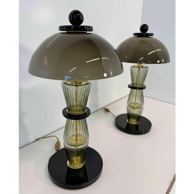 Murano Glass Table Lamps in Smoked Grey and Black Glass and Brass, 2000s, Set of 2 For Sale - Image 11 of 16