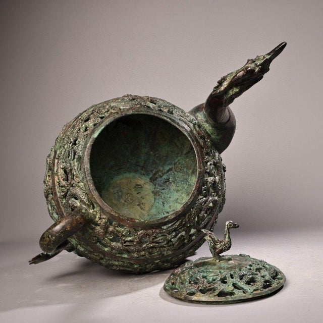 Late 20th Century Monumental Vintage Bronze Bird & Beast Incense Burner – Archaic Style Censer With Inscription For Sale - Image 5 of 10