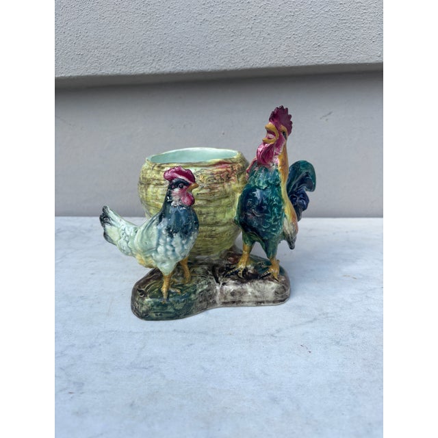 Delphin Massier Majolica Rooster & Hen Vase Delphin Massier, Circa 1890 For Sale - Image 4 of 9
