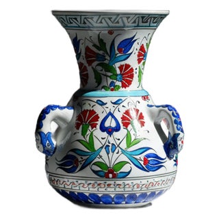 Handmade Ceramic “Kandil” Vase (20cm) – Traditional Mosque Lamp Shape with Red Tulips – Handled Iznik Decor For Sale