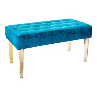 1970s Peacock Blue Button Tufted Velvet and Lucite Bench For Sale