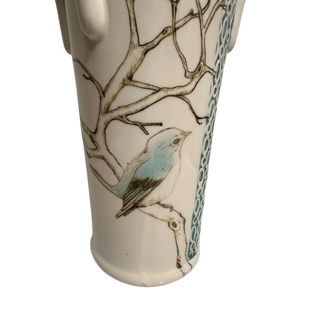 Turquoise Vintage Geometric Turquoise Bird on a Branch Motif Vase For Sale - Image 8 of 11