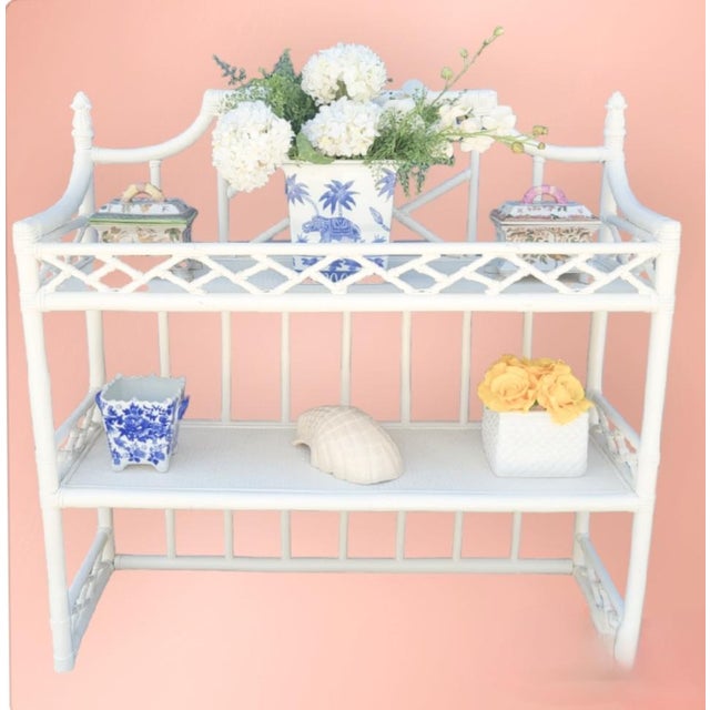 Wood Vintage Huge White Chinese Chippendale Pagoda Rattan 2 Shelf Wall Etagere Display Shelf For Sale - Image 7 of 8