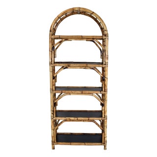 Coastal Regency British Colonial Tortoise Bamboo Etagere Bookcase Shelf Arched For Sale