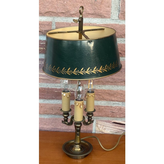 Antique French Bouilette Brass and Metal Shade 3-Light Table Lamp, 1930s For Sale - Image 11 of 11