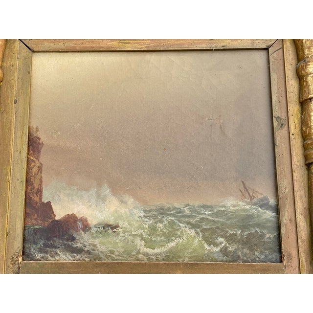 Antique Sheraton Giltwood Mirror With Lyre Frame & Coastal Seascape Oil Painting For Sale - Image 4 of 10