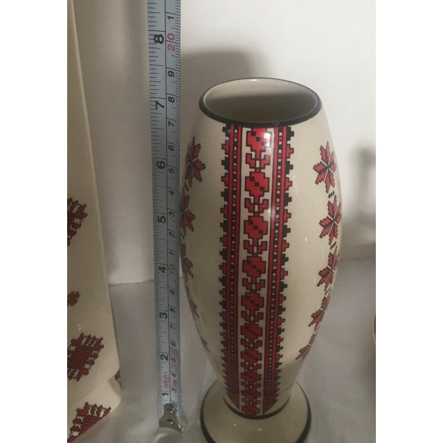 Ukrainian Folk Art Pottery Vases With Needlepoint Pattern a Pair
