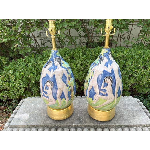 1950s 1950s Italian Modern Glazed Ceramic Lamps - a Pair For Sale - Image 5 of 11