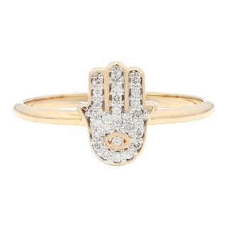 Modern Hamsa Hand Diamond Promise Ring Size 7 in 14k Yellow Gold For Sale