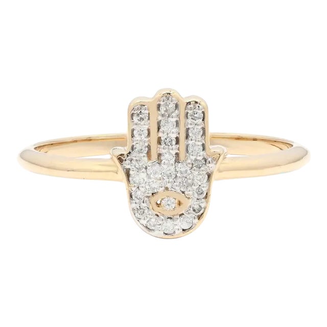 Modern Hamsa Hand Diamond Promise Ring Size 7 in 14k Yellow Gold For Sale