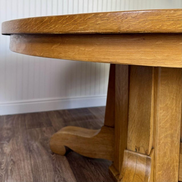 Yellow Vintage Tiger Oak Round Pedestal Dining Table For Sale - Image 8 of 15