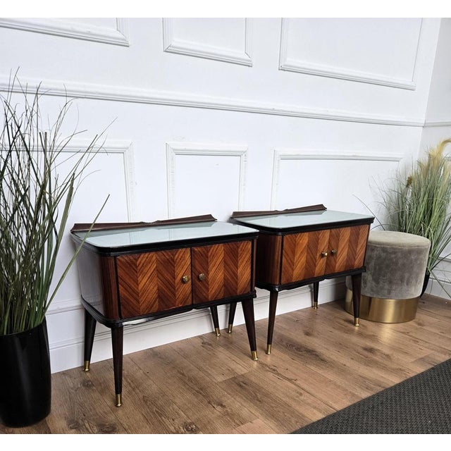 1950s Mid-Century Art Deco Italian Nightstands with Walnut Glass Top, 1950s, Set of 2 For Sale - Image 5 of 11