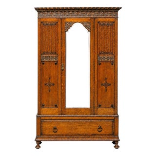 Antique Victorian Oak Wardrobe | Armoire | 3-Piece Knockdown | Beveled Mirror | Key | 19th Century For Sale