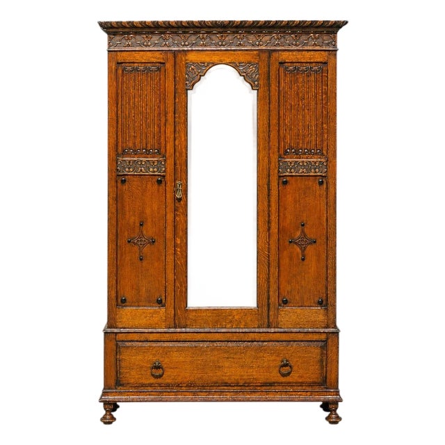 Antique Victorian Oak Wardrobe | Armoire | 3-Piece Knockdown | Beveled Mirror | Key | 19th Century For Sale