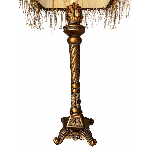 Metal Ornate Gold-Tone Barley-Twist Buffet Lamp With Fringed Shade For Sale - Image 7 of 11