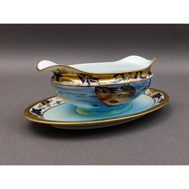 Noritake Japan Hand Painted Fish Trout Gravy Sauce Boat & Attached Underplate. Measures approximately 8 3/4" long, 5 3/4"...