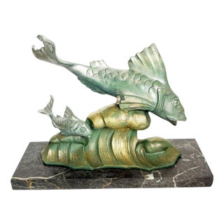 Bronze and Marble Fish Sculpture, France, 1950s For Sale