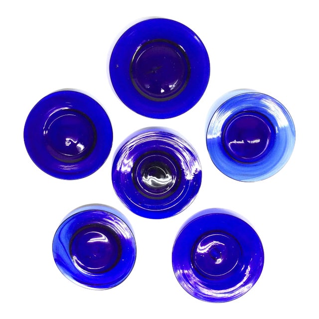 Hand Blown Art Glass Cobalt Blue Butter Plates Set of 6 For Sale