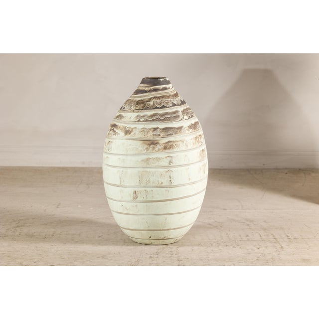 Large Artisan Cream Glazed Ceramic Vase with Brown Striated Bands For Sale - Image 15 of 17