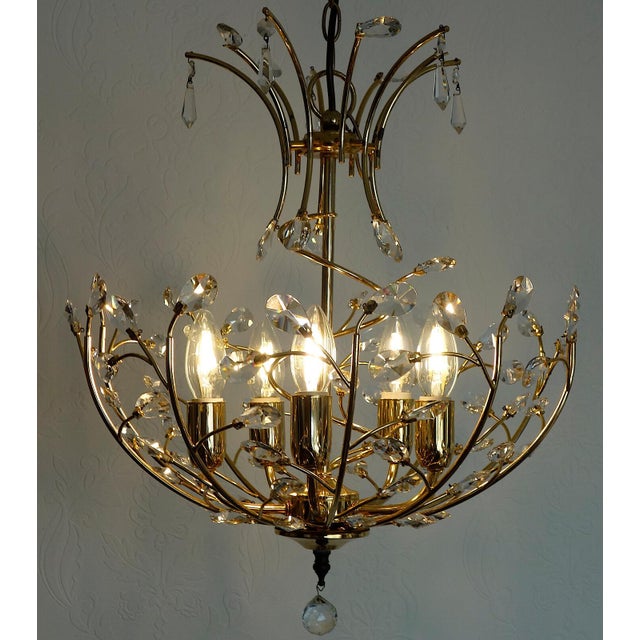 Brass and Lead Crystal 5-Light Chandelier, 1970s For Sale - Image 10 of 12