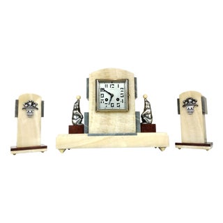 French Art Deco Marble & Onyx Mantel Clock, 1930s, Set of 3 For Sale