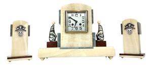 French Art Deco Marble & Onyx Mantel Clock, 1930s, Set of 3