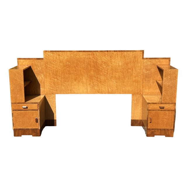Art Deco Geometric Headboard with Bedside Cabinets in Birds Eye Maple, 1930s For Sale