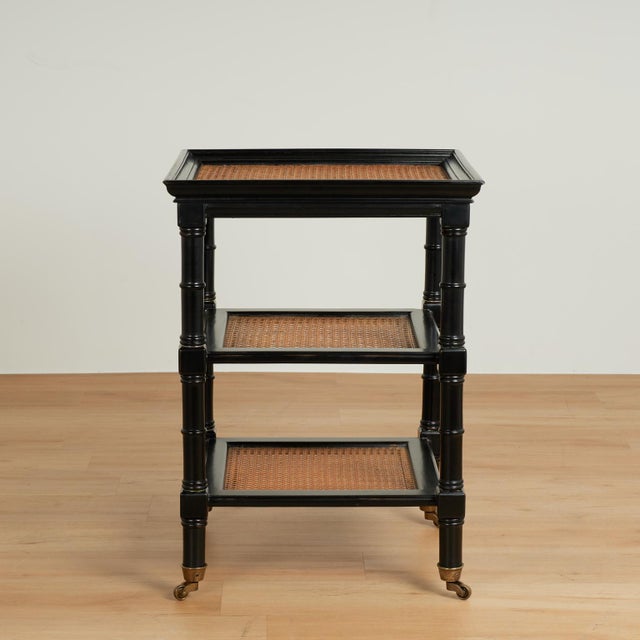 Pair of Vintage British Colonial Style Faux Bamboo Three Tiered Caned Stands For Sale - Image 11 of 17