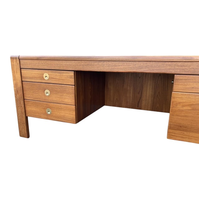 Mid-Century Modern Teak Executive Desk – Danish Style Double Pedestal Desk With Brass Pulls For Sale - Image 17 of 17