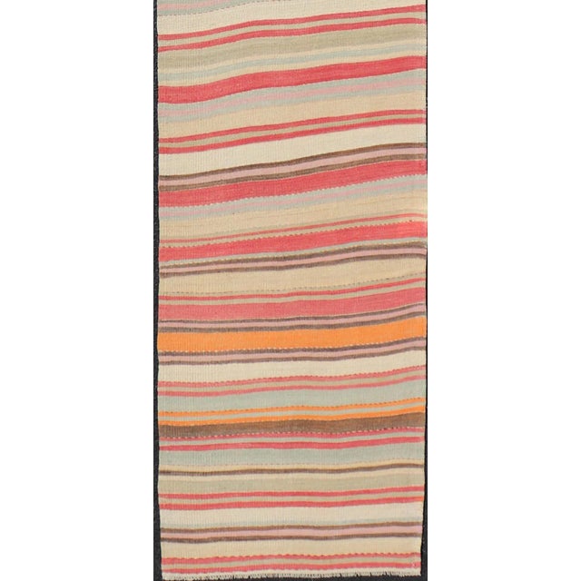 Vintage Kilim Runner with Horizontal Stripes in Pastel Vivid Colors. Keivan Woven Arts / rug EN-15174, country of origin /...