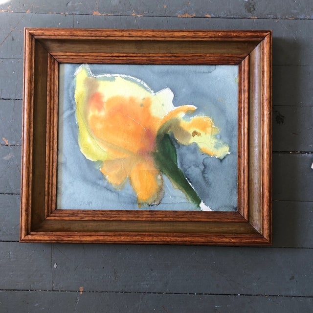 Original Vintage Abstract Flower Watercolor Painting Vintage Frame 1970’s For Sale - Image 4 of 4