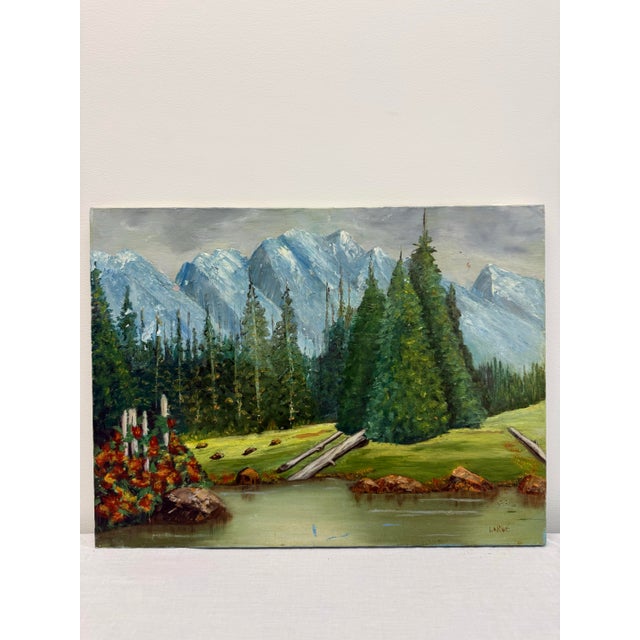 A richly textured vintage oil painting on canvas depicting a serene alpine landscape with towering snow-capped mountains,...