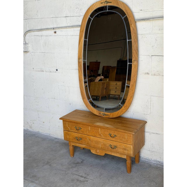 Vintage Danish Oak Entryway Console Table & Oval Mirror Set With Brass Details For Sale - Image 10 of 10