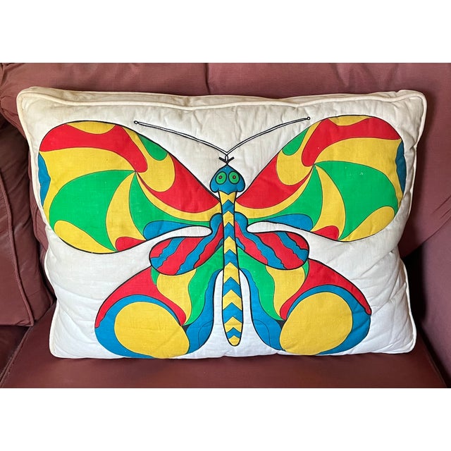 Textile Mid-Century Modern Rectangular Accent Pillow With Quilted Mod Graphic Butterfly Design Circa 1970 For Sale - Image 7 of 9