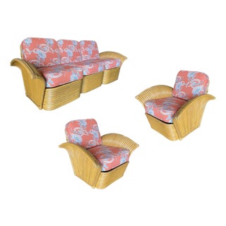 Restored Rattan "Golden Girls" Sofa & Lounge Chairs Livingroom Set For Sale