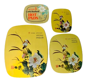 Mid-Century Vintage Asian Birds Cork Trivet Hot Pads- Set of 3