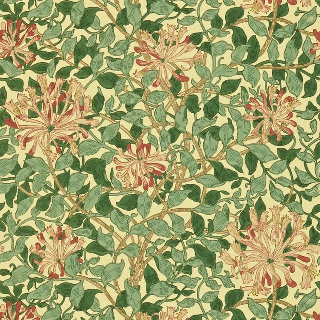 Morris & Co Honeysuckle Wallpaper in Green/ Coral/Pink For Sale
