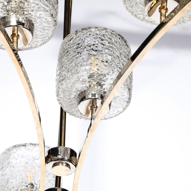 Metal Mid-Century Bow Form Polished Brass & Nickel Pendant Chandelier W/ Mottled Glass For Sale - Image 7 of 12