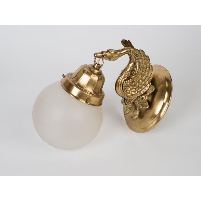1950s Spanish Empire Chased Brass Swan Wall Sconces With Starburst Frosted Globes - A Pair For Sale - Image 11 of 13