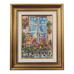Mid-Century Modern Swedish "Balcony Garden" Vintage Oil Painting, Framed
