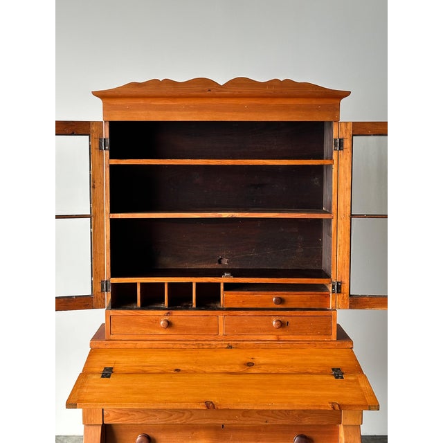 Wood Pine Fall-Front Secretary Desk With Glass-Front Bookcase, Circa 1840s For Sale - Image 7 of 18