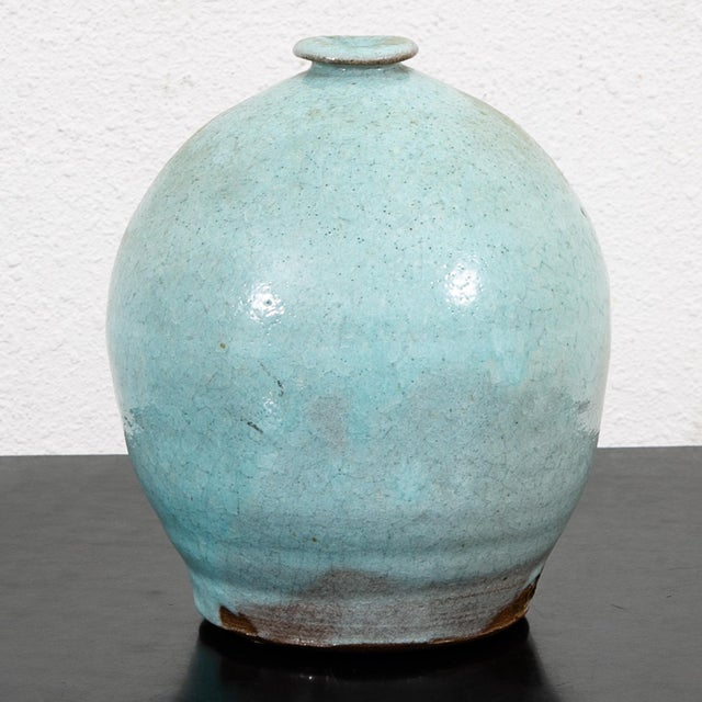 Mid Century Modern Round Vase Pot Teal Glaze Studio Ceramic Blue Weed Vintage For Sale - Image 10 of 12