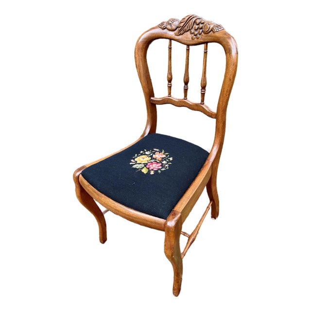 Victorian Accent Chair Carved Oak Crest Needlepoint Seat 1890s For Sale