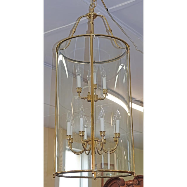 Traditional 1990s Large Brass Two Tier 12 Light Beveled Glass Chandelier Lantern For Sale - Image 3 of 10
