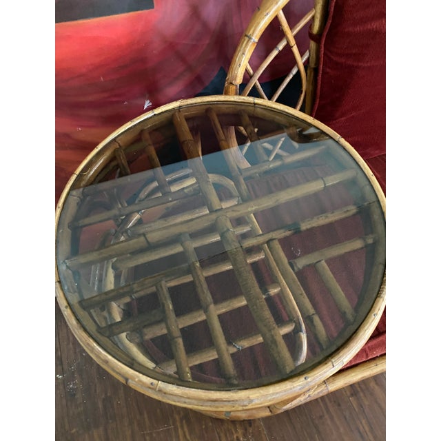 Chestnut Vintage Boho Chic Bamboo Gossip Bench With Original Seat and Back Cushions, Original Glass Top on Table. In Immaculate Condition. For Sale - Image 8 of 10