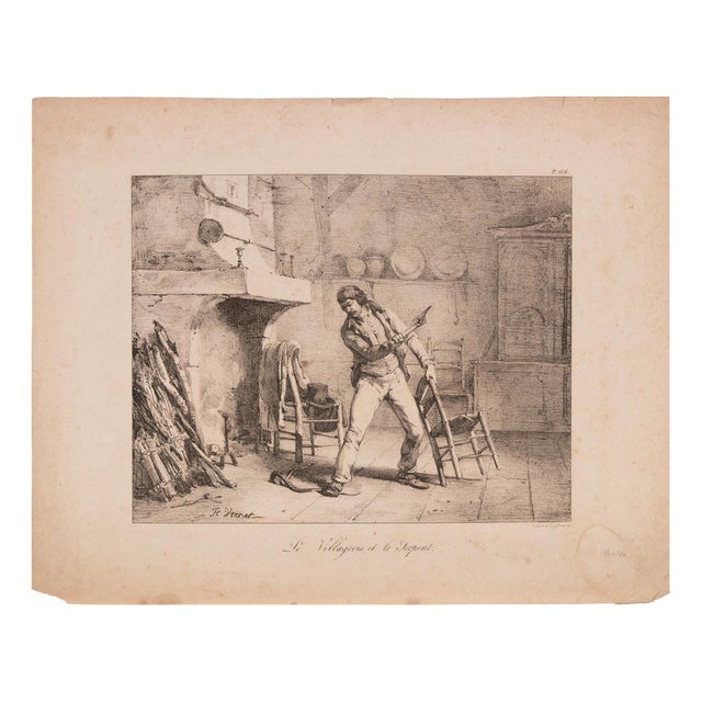 Émile Jean-Horace Vernet, Le Villageois et le Serpent, Lithograph, 19th Century For Sale