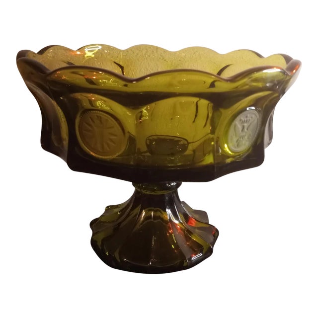1960s Vintage Fostoria Coin Glass Green Large Pedestal Bowl For Sale