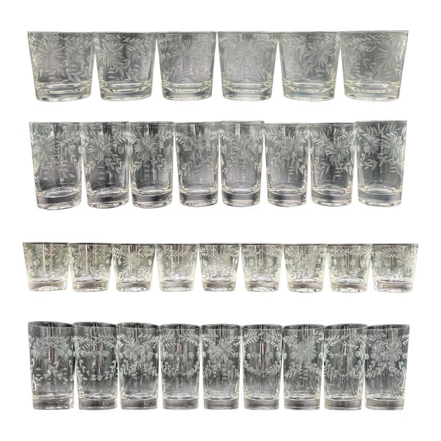 Vintage Federal Glass Floral Etched Barware Service for 8 - 32 Piece For Sale