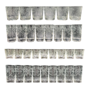 Vintage Federal Glass Floral Etched Barware Service for 8 - 32 Piece